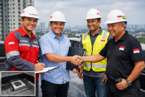 Detail drain dan parapet setelah pemasangan membran bakar area 1200 m2