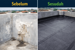 Detail overlap sambungan membran bakar pada sudut dan floor drain dak beton