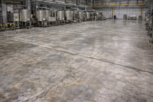 Kondisi awal lantai sebelum pekerjaan epoxy lantai area pabrik makanan seluas 5600 meter persegi