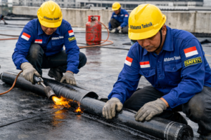 Pemasangan membran torch-on pada dak beton apartemen dengan sambungan rapi