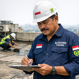 Survei dak beton apartemen Tangerang sebelum pemasangan membran bakar.