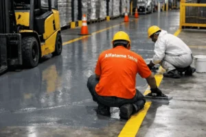 biaya epoxy lantai untuk beban berat (forklift) pada jalur logistik pabrik
