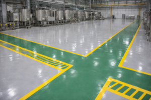 hasil akhir top coat dan line marking pada area pabrik makanan Bekasi Juli 2025