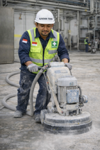 proses persiapan permukaan beton untuk lantai industri di Bekasi